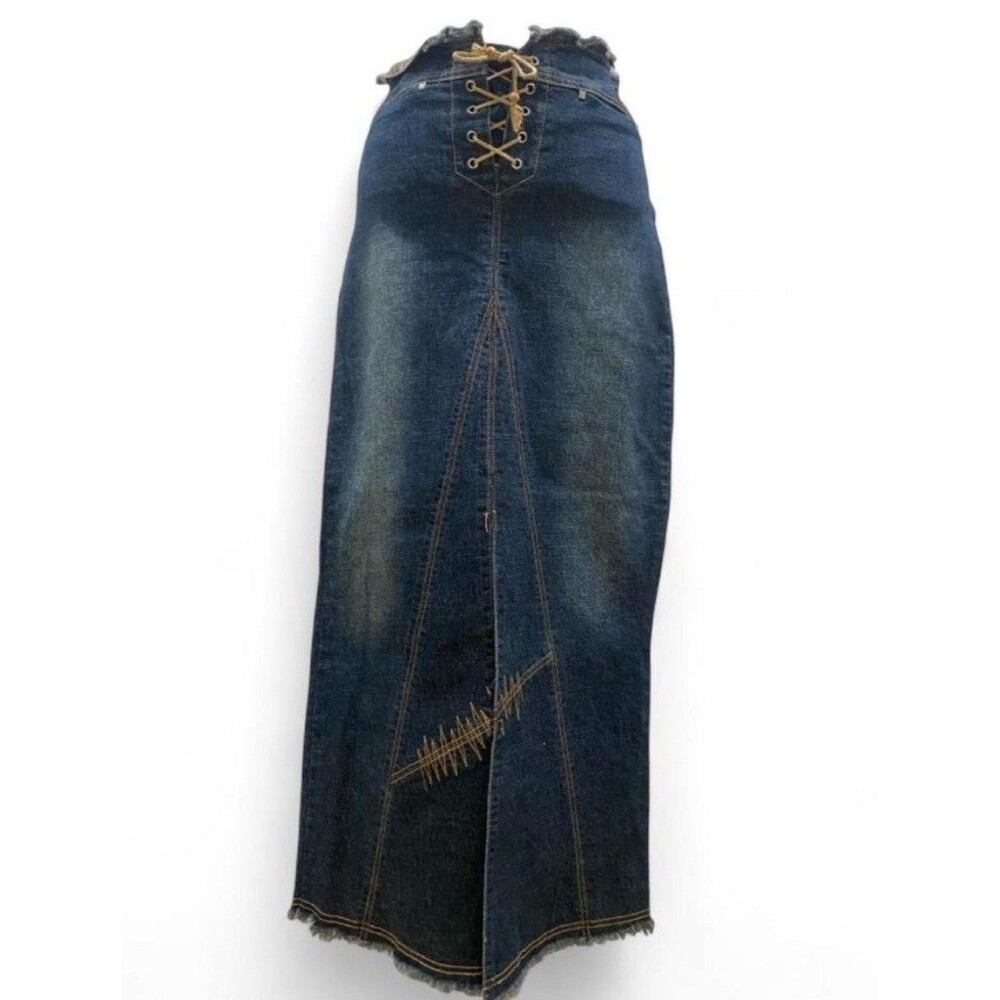 Vintage Y2K Distressed Denim Maxi Skirt Sz 7 Blue Embroidered Statement Boho Tie